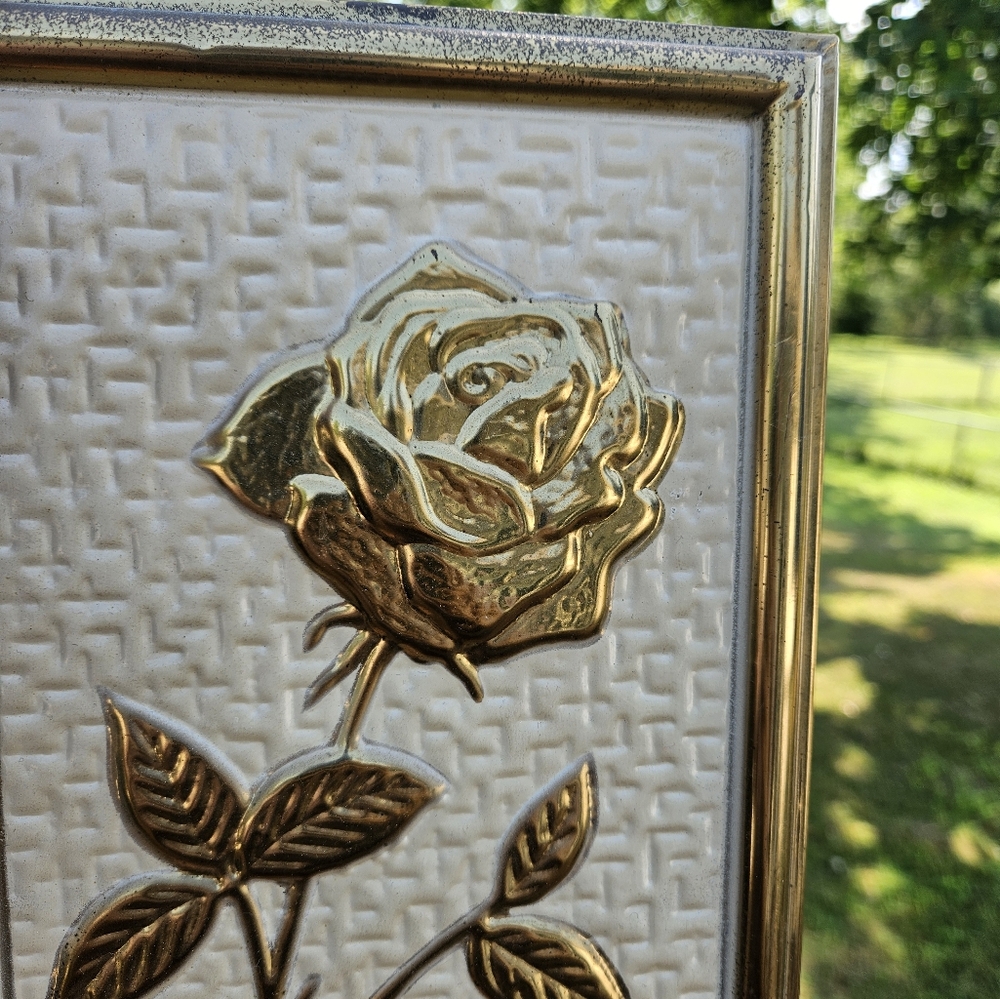 Vintage Gold Metal Rose Wall Hanging made in Holland 7" x 22" - Picture 3 of 10